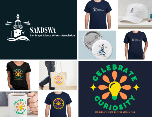 Collage of items from the SANDSWA online store. Includes items with the SANDSWA lighthouse logo, such as shirts, sweatshirts, pins, and a hat. Also includes items with the SANDSWA slogan: "Celebrate Curiosity," including a mug, tote bag, shirt and sweatshirt